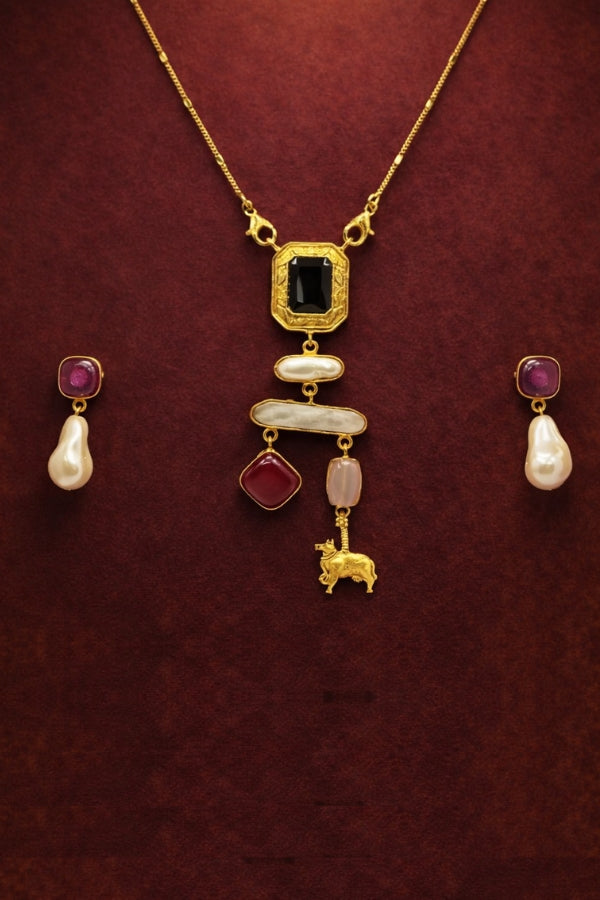 Multi Stone Gold Pendant Necklace Set With Baroque Pearl Drop Earrings