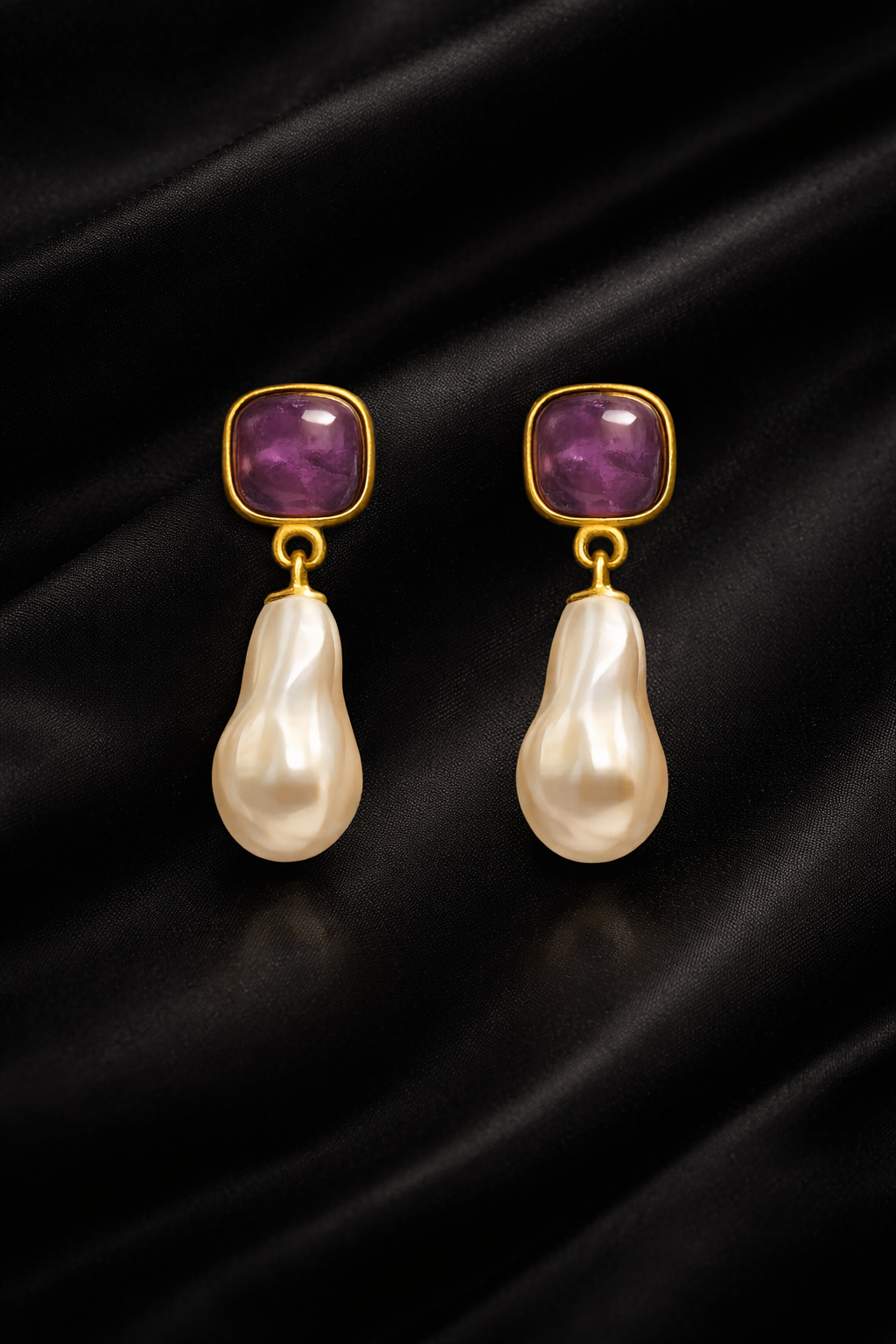Multi Stone Gold Pendant Necklace Set With Baroque Pearl Drop Earrings