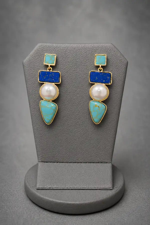 Boho Chic Turquoise And Lapis Geometric Drop Earrings