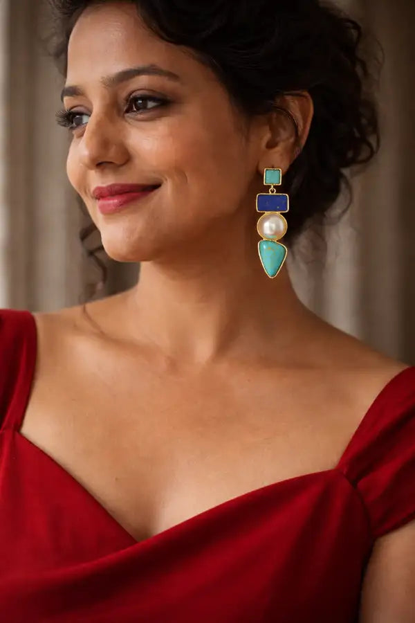 Boho Chic Turquoise And Lapis Geometric Drop Earrings