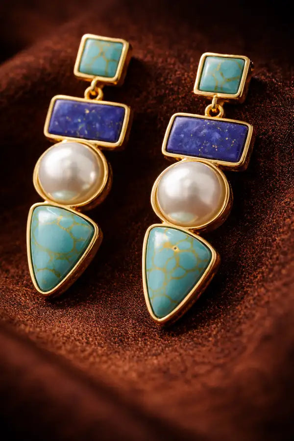 Boho Chic Turquoise And Lapis Geometric Drop Earrings