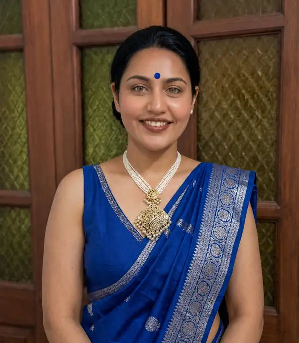 Royal Pearl Multi-Layer, Jadau Necklace Set with Gold-Tone Pendant & Matching Earrings with Ear chain | Traditional Wedding Jewellery for Women