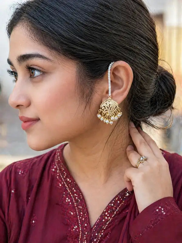 Royal Pearl Multi-Layer, Jadau Necklace Set with Gold-Tone Pendant & Matching Earrings with Ear chain | Traditional Wedding Jewellery for Women