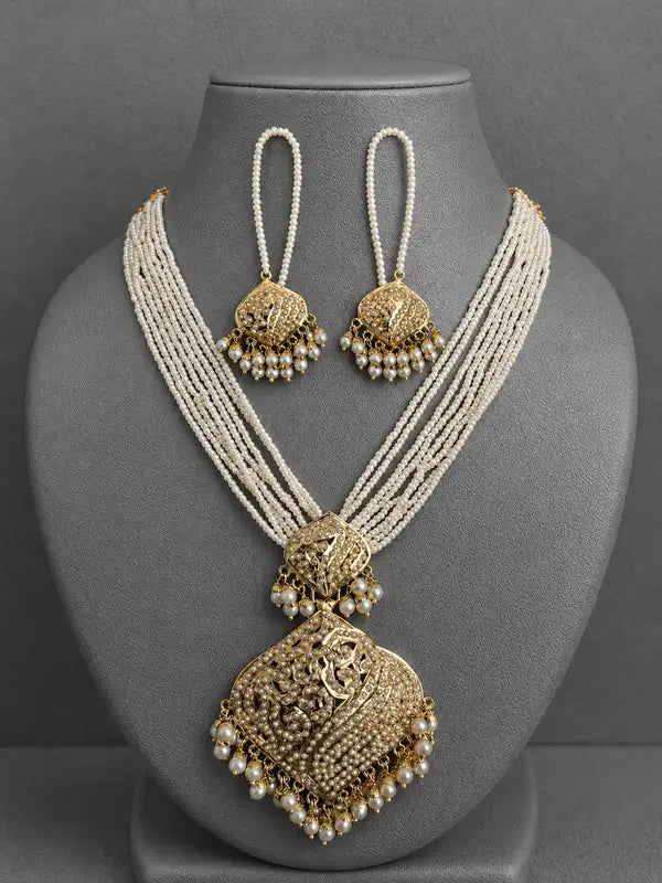 Royal Pearl Multi-Layer, Jadau Necklace Set with Gold-Tone Pendant & Matching Earrings with Ear chain | Traditional Wedding Jewellery for Women