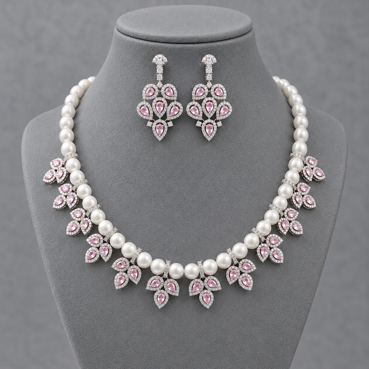 A pearl and silver jewelry set featuring a statement necklace and matching drop earrings, decorated with pink gemstone accents, displayed on a gray jewelry bust.