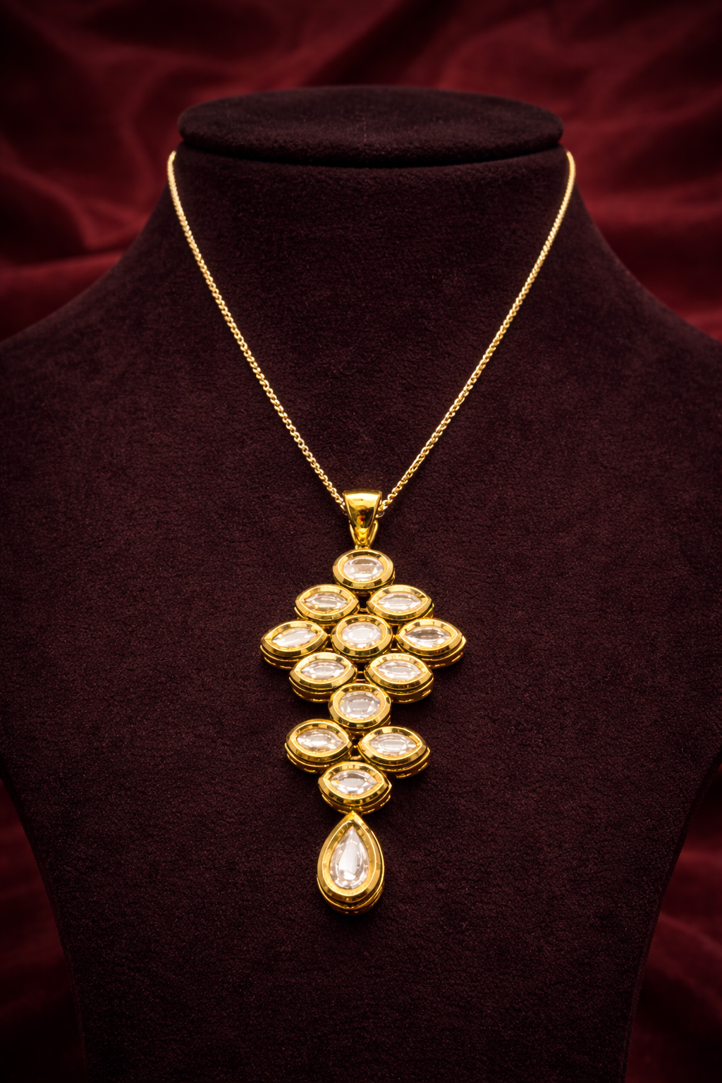 Gold Polished Handcrafted Kundan Pendant And Earrings Set Without Chain