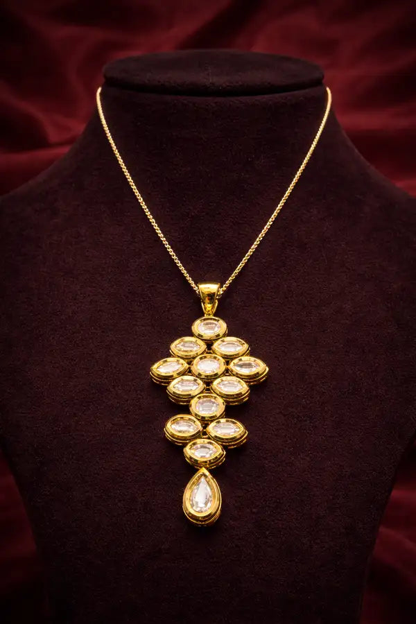 Gold Polished Handcrafted Kundan Pendant And Earrings Set Without Chain