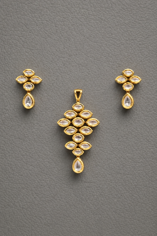 Gold Polished Handcrafted Kundan Pendant And Earrings Set Without Chain