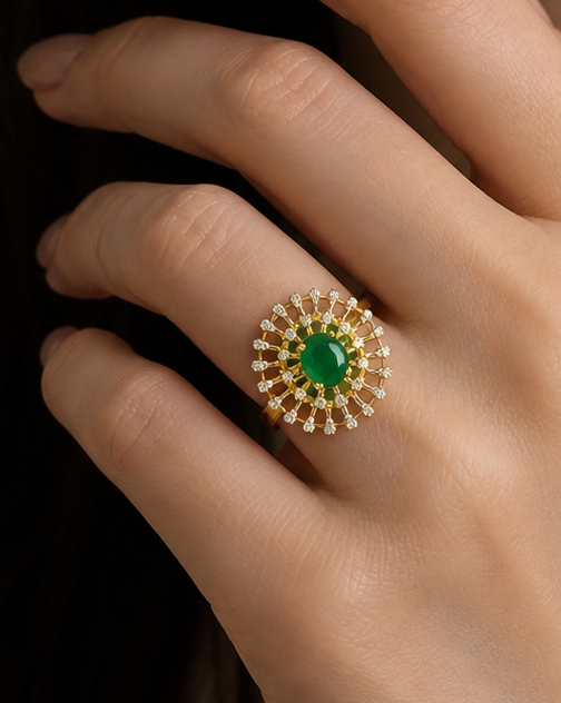 Luxury Emerald Halo Ring in Gold with Diamond Accents | Elegant Statement Jewelry