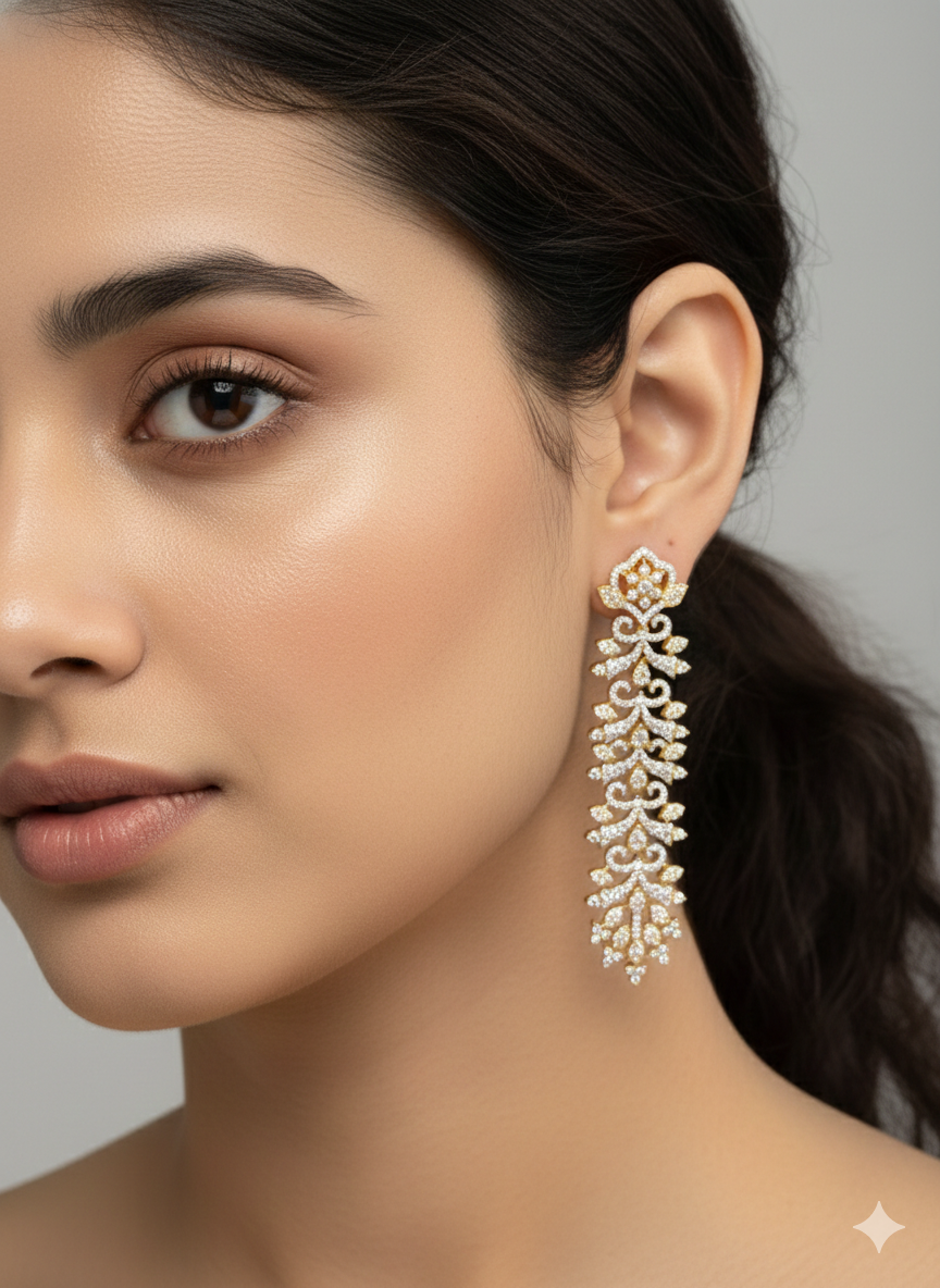 Gold Plated American Diamond Chandelier Long Drop Bridal Earrings