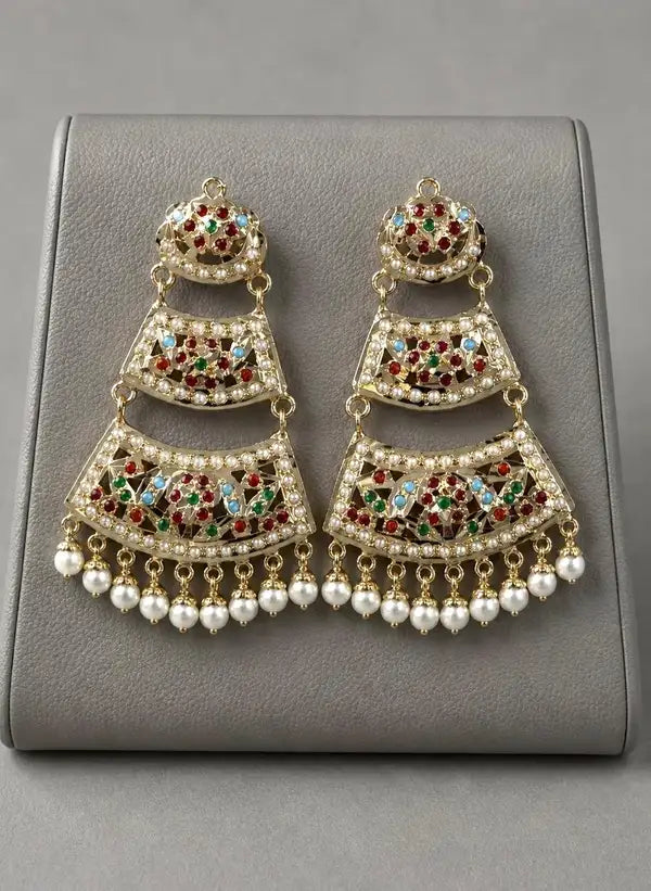 3-Tier Gold Plated Jadau Chandbali Earrings with Pearl Drops, ideal wear for wedding n festival