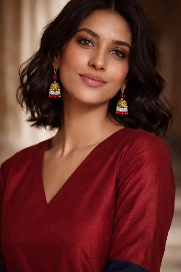 Antique Gold Pearl And Ruby Jhumka Earrings