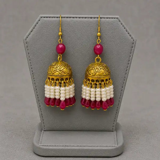 Antique Gold Pearl And Ruby Jhumka Earrings