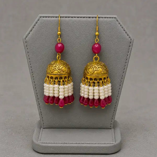 Antique Gold Pearl And Ruby Jhumka Earrings