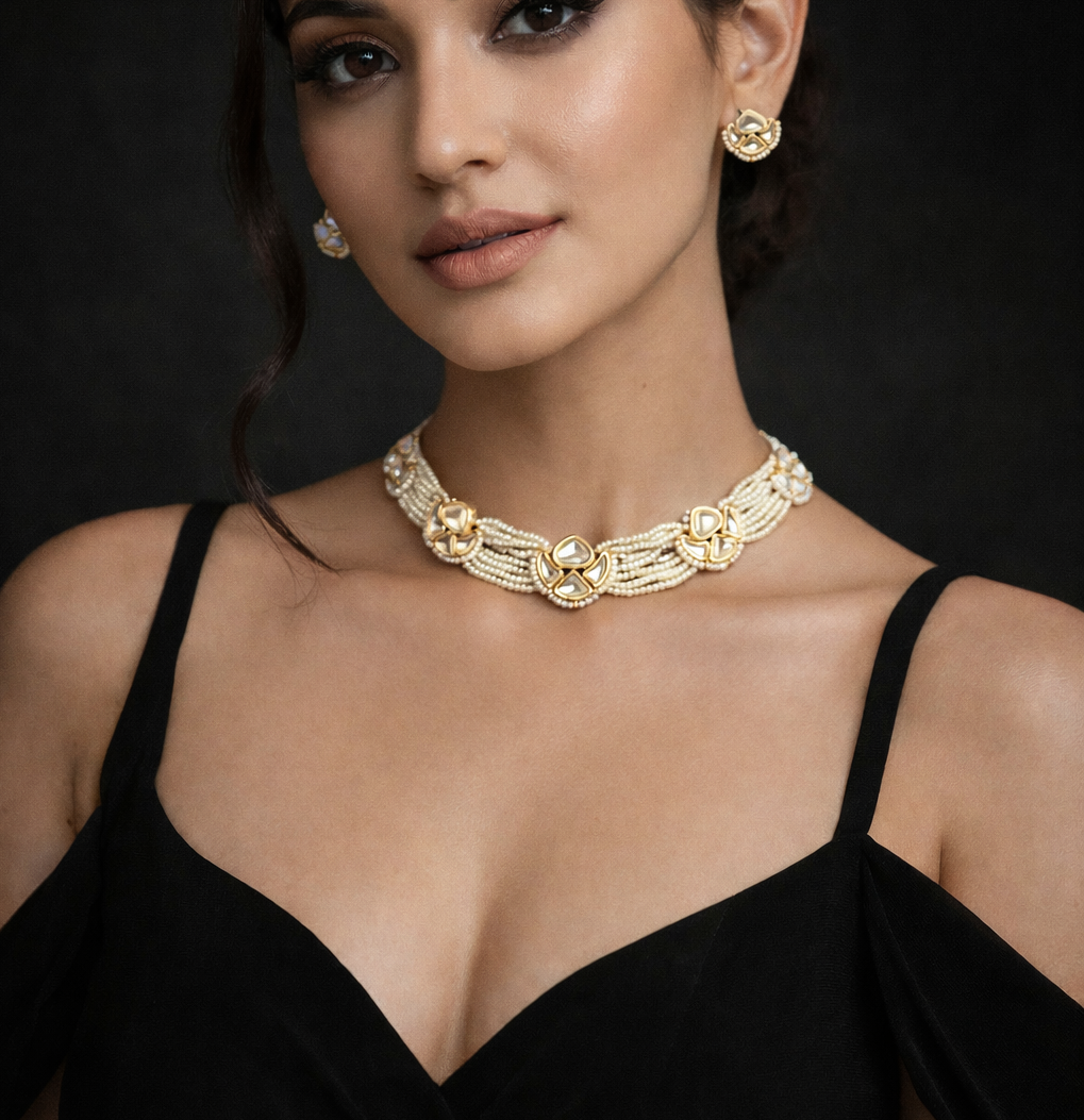 Royal Braided Pearl Kundan Choker Set With Floral Stud Earrings | Handcrafted Bridal Jewelry