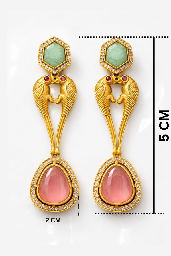 Emerald And Amethyst Gold Polished Fusion Bird Motif Statement Drops For Festive Wear