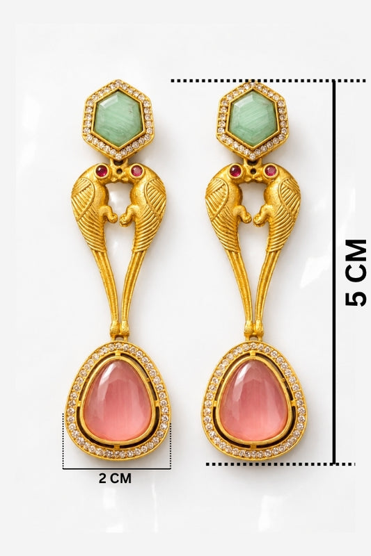 Emerald And Amethyst Gold Polished Fusion Bird Motif Statement Drops For Festive Wear