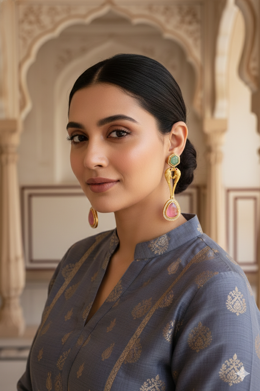 Emerald And Amethyst Gold Polished Fusion Bird Motif Statement Drops For Festive Wear