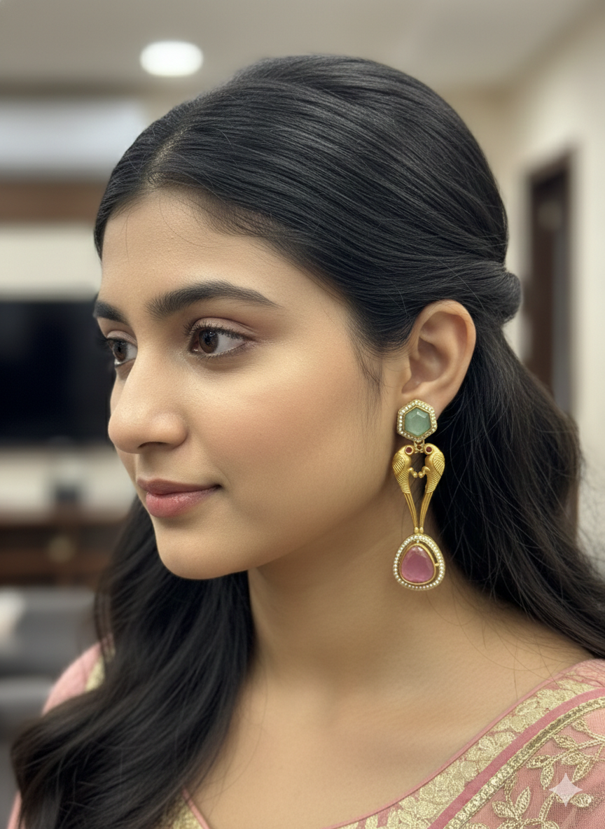 Emerald And Amethyst Gold Polished Fusion Bird Motif Statement Drops For Festive Wear
