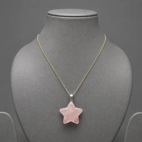 Rose Quartz Star Pendant Necklace | Natural Crystal Love Charm With Dual Tone Gold And Silver Anti Tarnish Chain