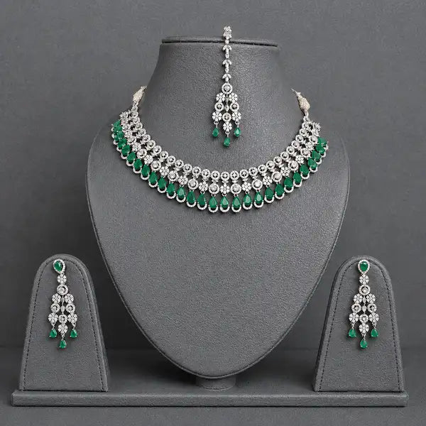 Emerald Teardrop American Diamond Necklace, Earrings & Maang Tikka