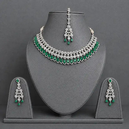 Emerald Teardrop American Diamond Necklace, Earrings & Maang Tikka