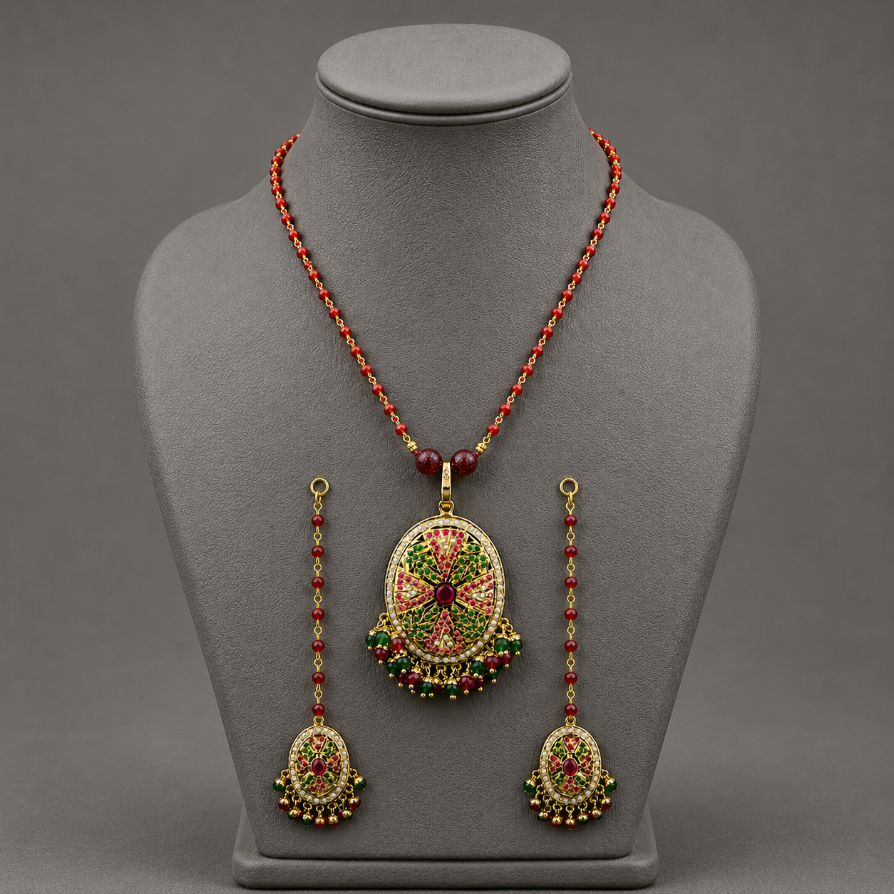 Traditional Jadau Pendant and Earring Set with Red Crystal Chain. Suitable for all occasions Wedding to daily wear
