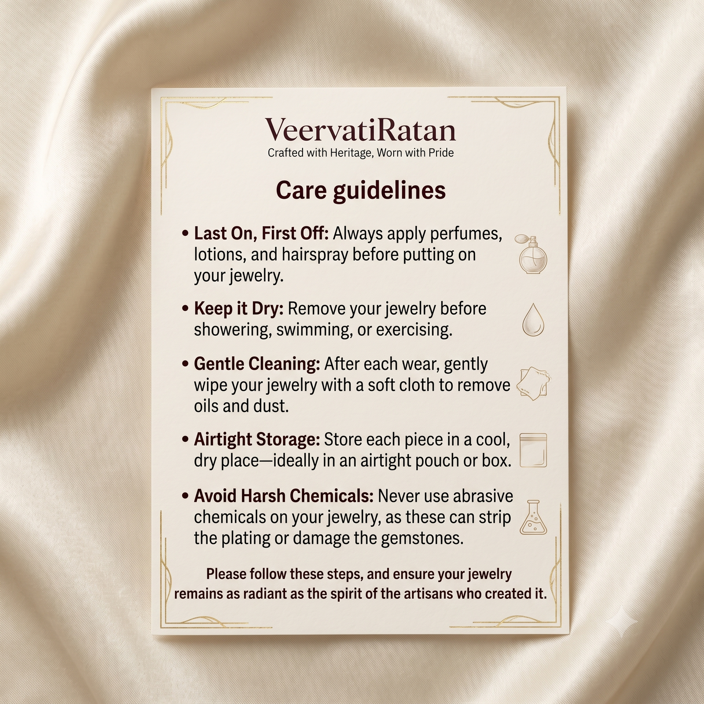 Veervati Ratan jewelry care guidelines and instructions for maintaining American Diamond sets.