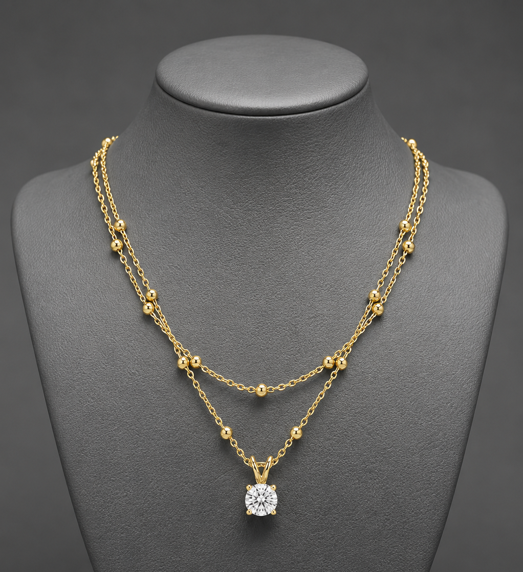 Minimalist Layered Solitaire Gold Plated Necklace | Double Chain Cz Pendant Jewelry