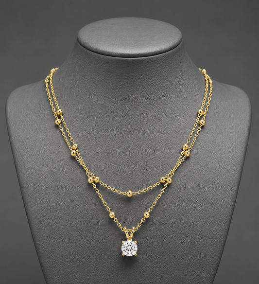 Minimalist Layered Solitaire Gold Plated Necklace | Double Chain Cz Pendant Jewelry