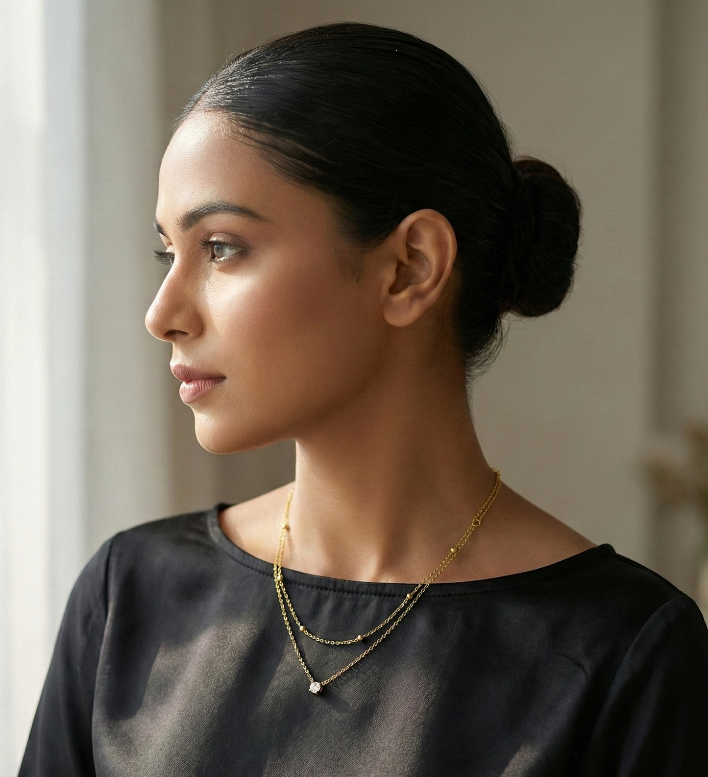 Minimalist Layered Solitaire Gold Plated Necklace | Double Chain Cz Pendant Jewelry