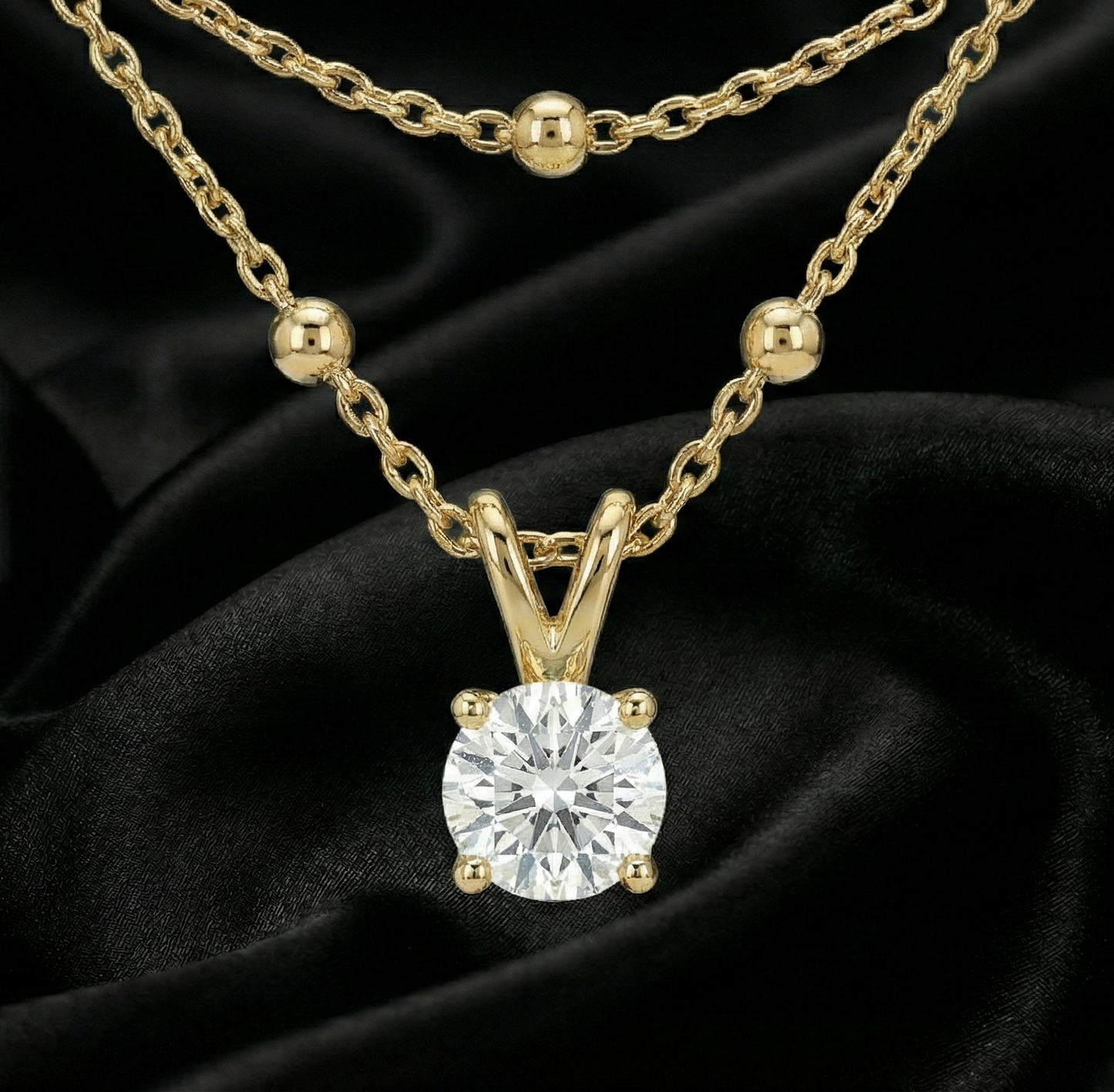 Minimalist Layered Solitaire Gold Plated Necklace | Double Chain Cz Pendant Jewelry
