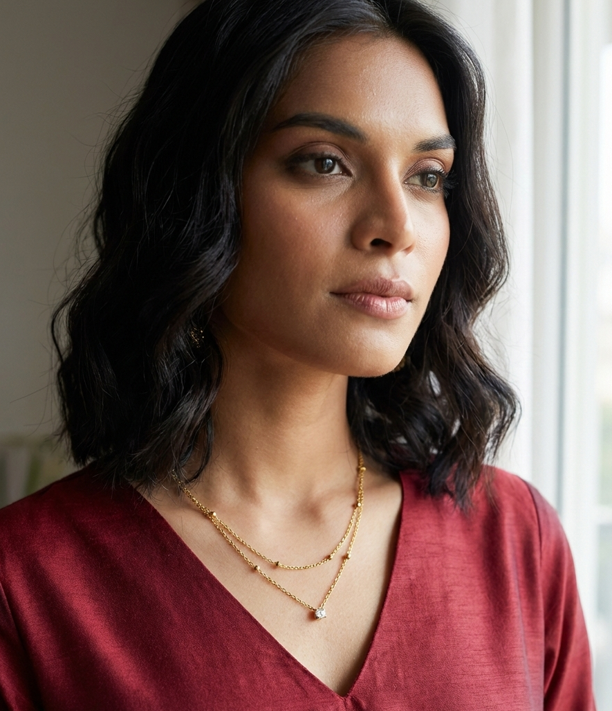 Minimalist Layered Solitaire Gold Plated Necklace | Double Chain Cz Pendant Jewelry