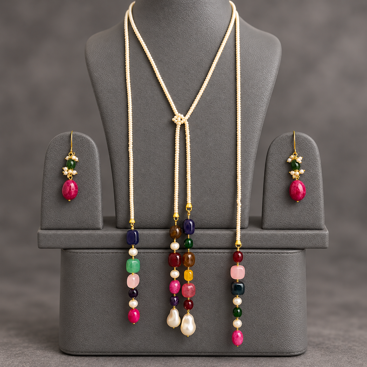 Shell pearl double string mala and multi colour gemstone Lariat set with earrings
