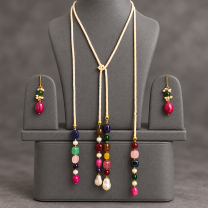 Shell pearl double string mala and multi colour gemstone Lariat set with earrings