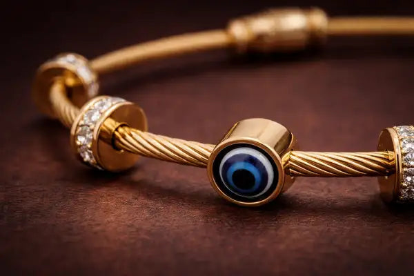 Gold Twisted Wire Evil Eye Bracelet | Crystal Protection Bangle