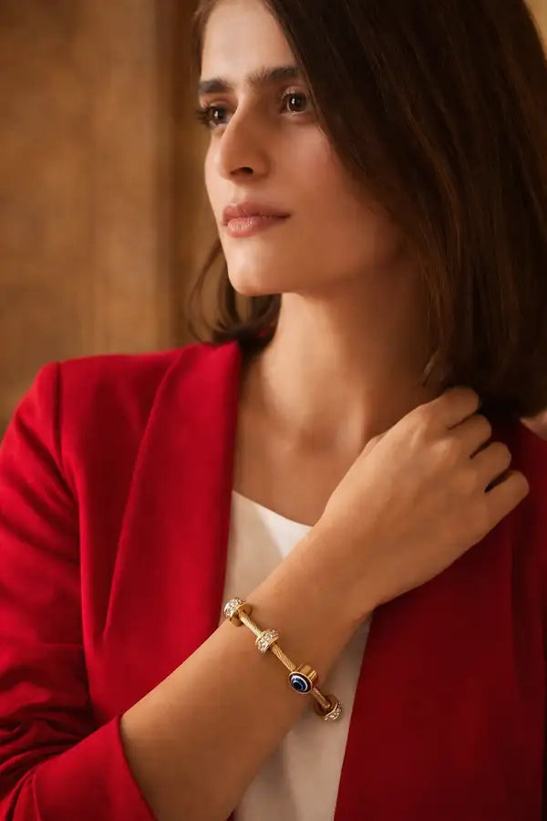 Gold Twisted Wire Evil Eye Bracelet | Crystal Protection Bangle