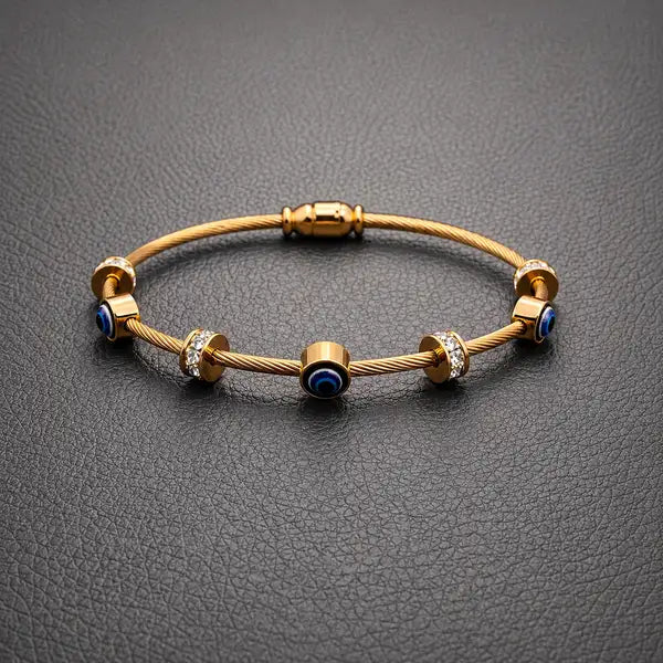 Gold Twisted Wire Evil Eye Bracelet | Crystal Protection Bangle