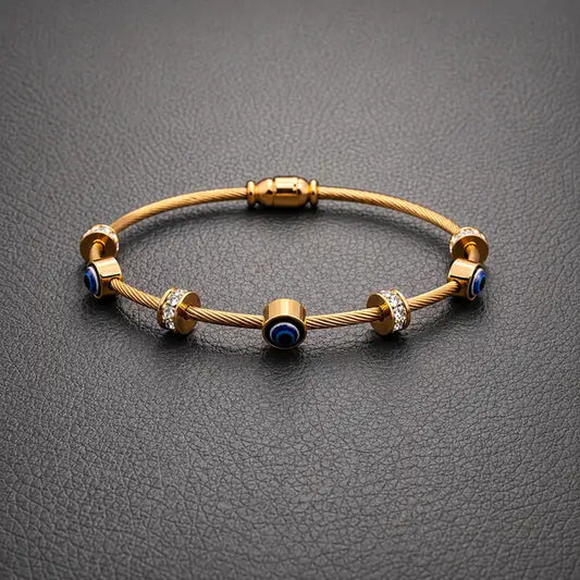 Gold Twisted Wire Evil Eye Bracelet | Crystal Protection Bangle