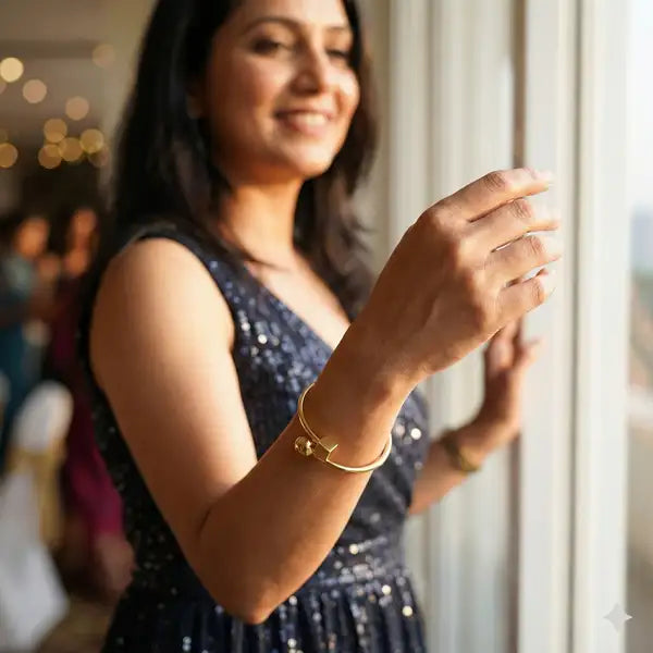 Minimalist Gold Plated Ball And Cube Open Cuff Bracelet