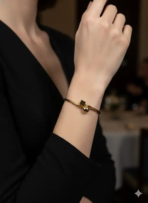 Minimalist Gold Plated Ball And Cube Open Cuff Bracelet