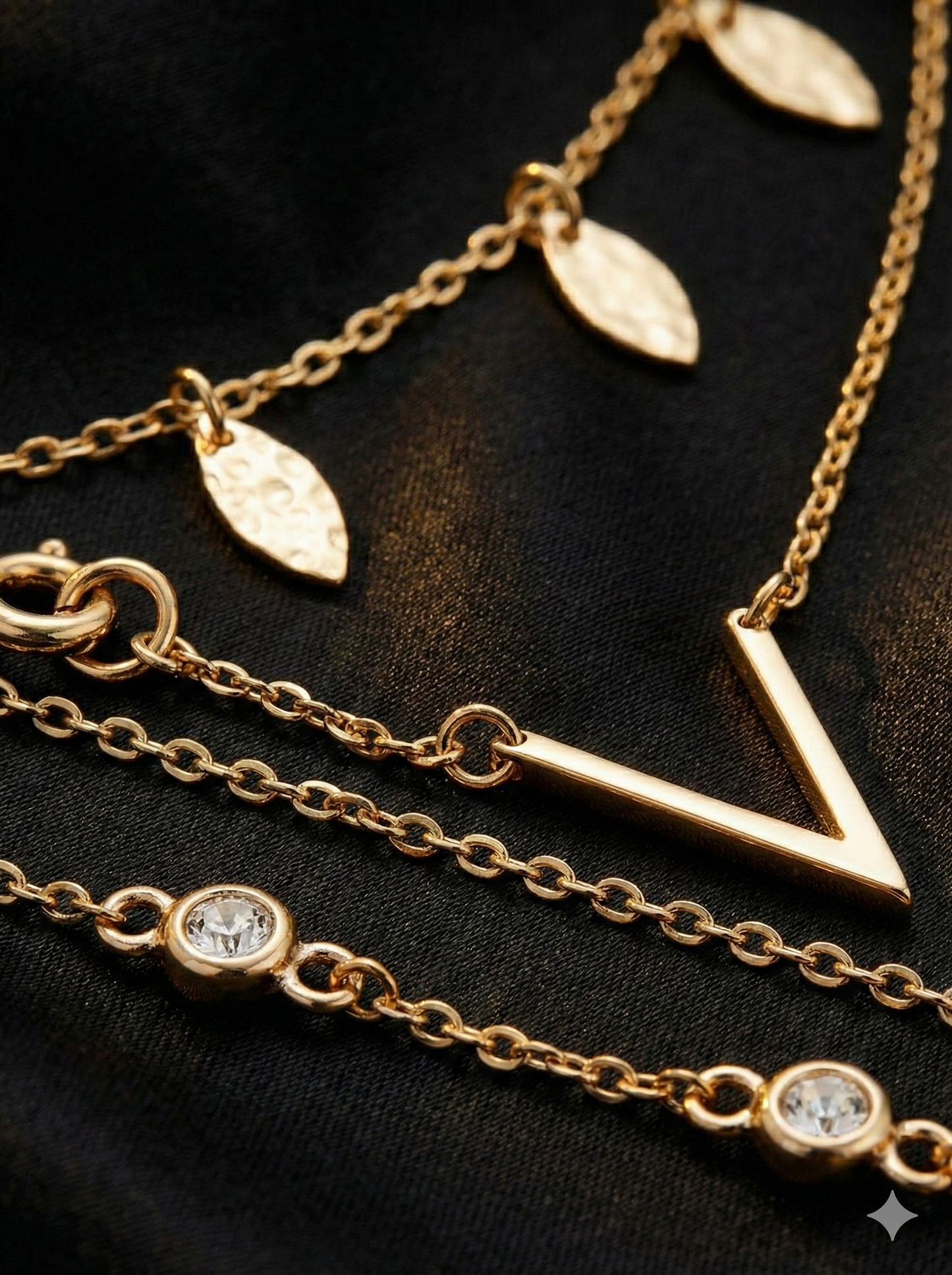 Triple Layer Chevron V 18K Gold Plated Y Necklace With Leaf Charms