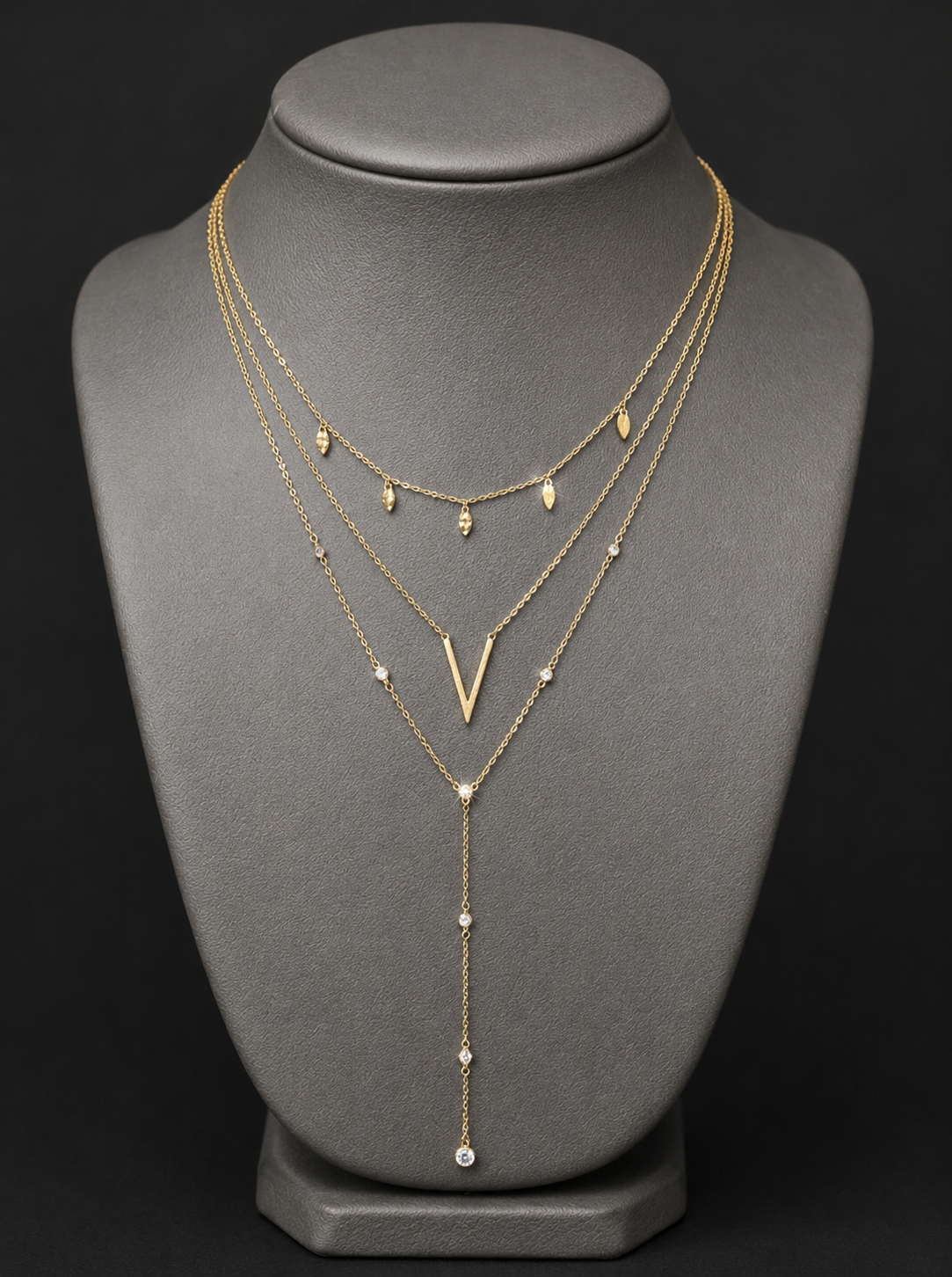 Triple Layer Chevron V 18K Gold Plated Y Necklace With Leaf Charms