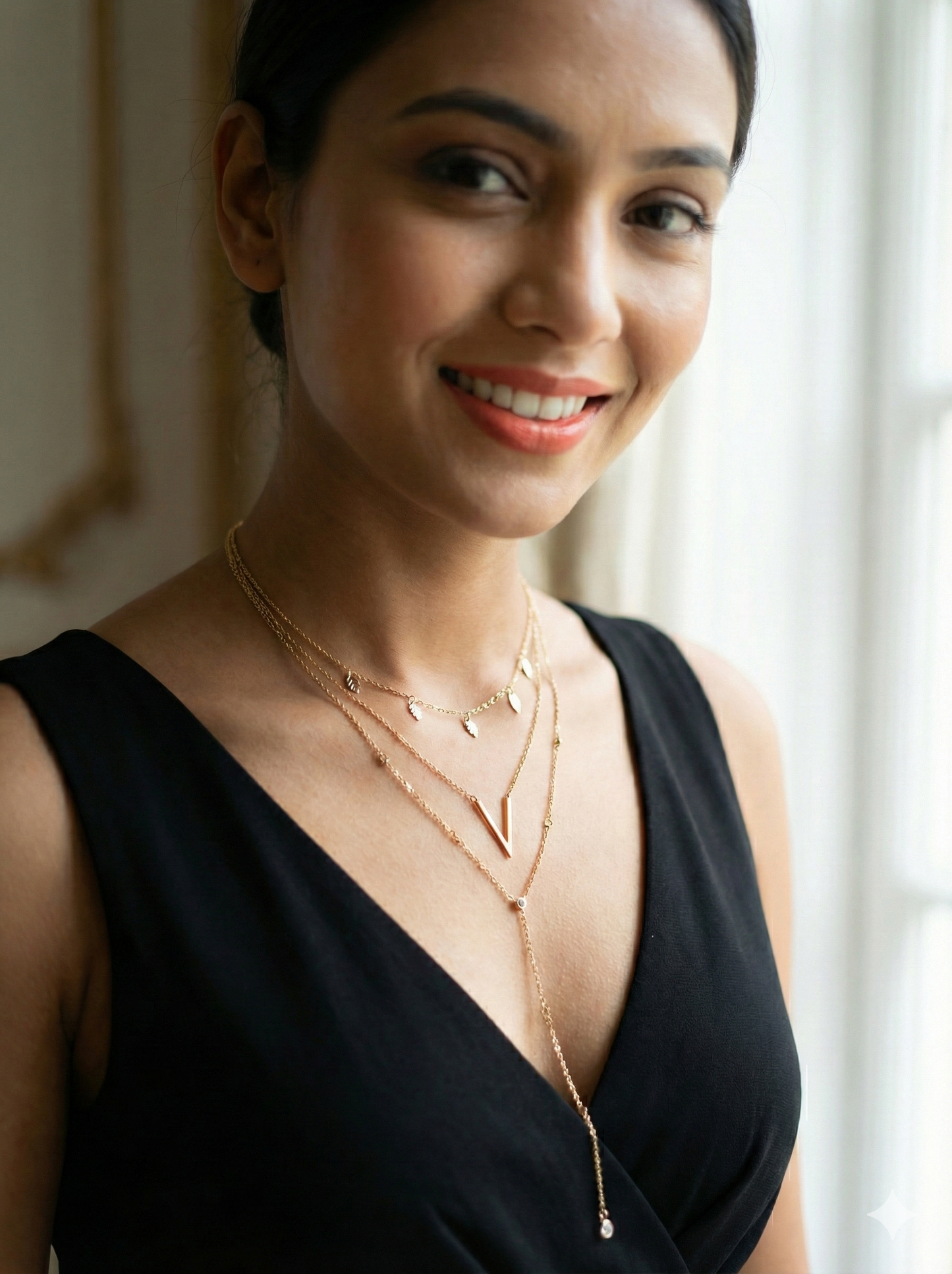 Triple Layer Chevron V 18K Gold Plated Y Necklace With Leaf Charms